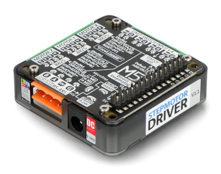 The M5Stack stepper motor driver lies on a white background.