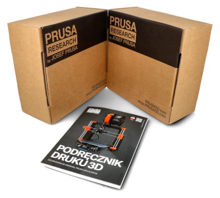 The Prusa Mk4 self-assembly modernization kit lies in a box with a manual on a white background.