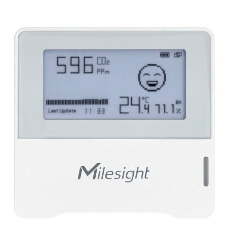 The white Milesight air quality sensor lies on a white background.
