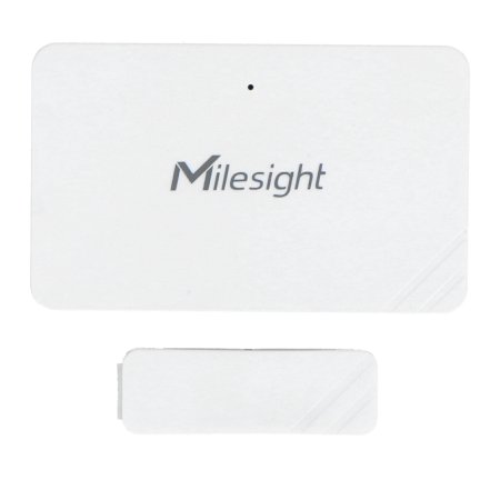 The white Milesight door and window sensor lies on a white background.