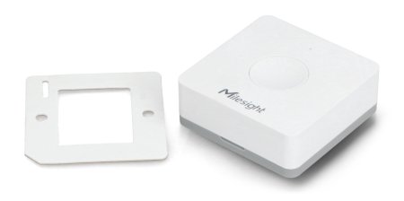 The white Milesight wall switch lies on a white background with a mounting element.