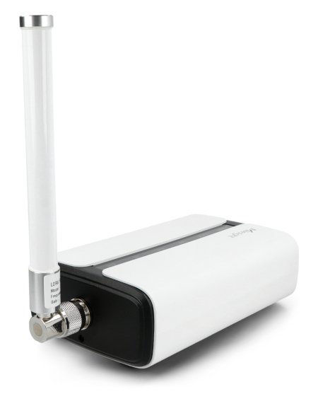 An inverted Lorawan switchboard with a connected antenna stands on a white background.