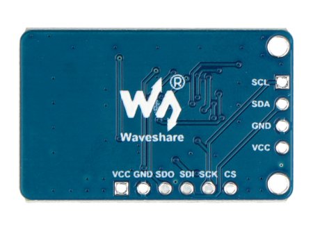 A blue Waveshare pressure, altitude and temperature sensor lies upside down on a white background.