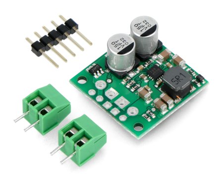 The step-up and step-down converter module lies on a white background along with the components of the set.