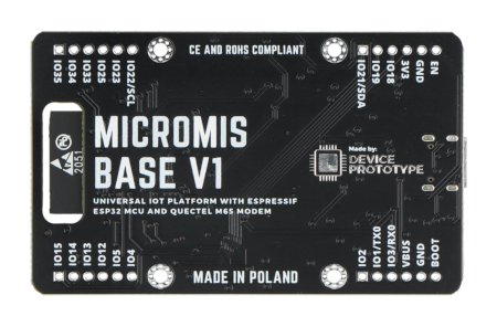 The black Micromis Base V1 development board lies upside down on a white background.
