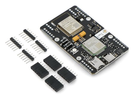 The black Micromis Base V1 development board lies on a white background along with the kit components.