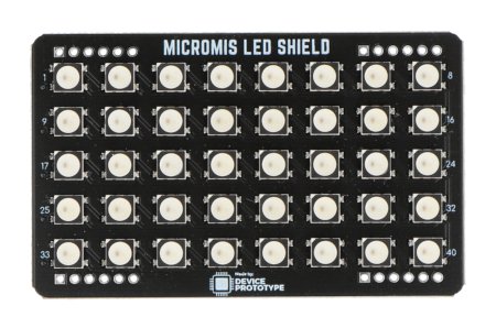 A black MicroMis LED matrix module lies on a white background.