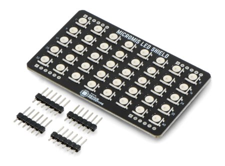 A black MicroMis LED matrix module lies on a white background with the kit.