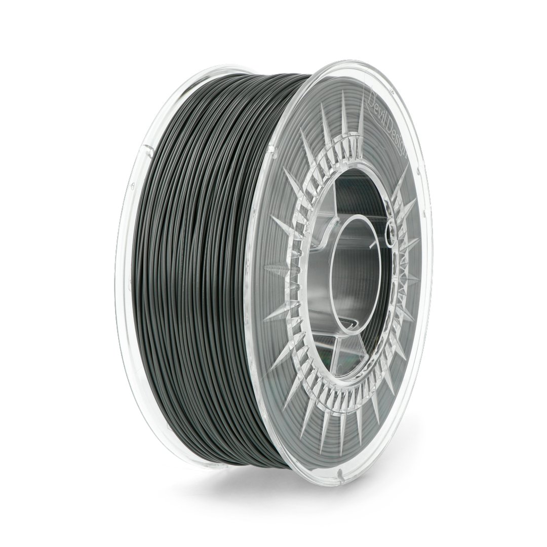 A spool of dark gray filament stands on a white background.