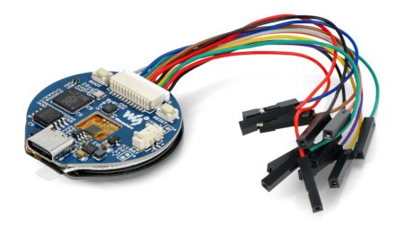 A waveshare display module with connected wires lies on a white background.