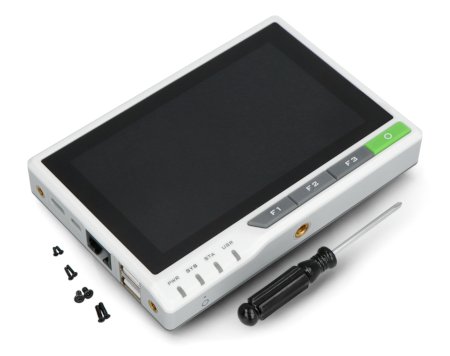 The reTerminal device with a touch screen lies on a white background along with a screwdriver and screws.