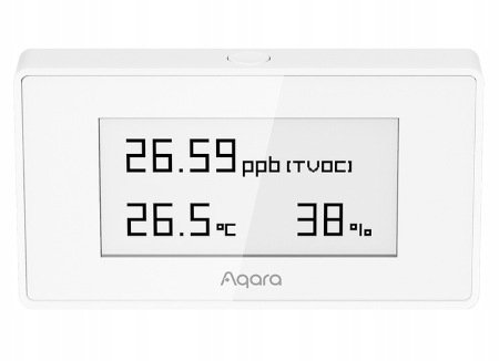 White air quality sensor with display on a white background.