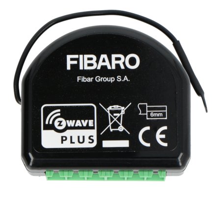 The intelligent Fibaro light intensity module in a black housing lies on a white background.