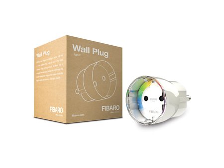 The Fibaro Wall Plug F smart socket lies on a white background with a box.