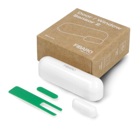 The white Fibaro door and window opening sensor lies on a white background with a box.