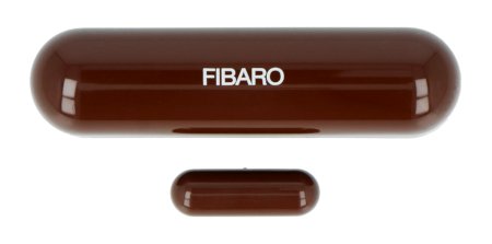 The brown Fibaro intelligent door and window opening sensor lies on a white background.