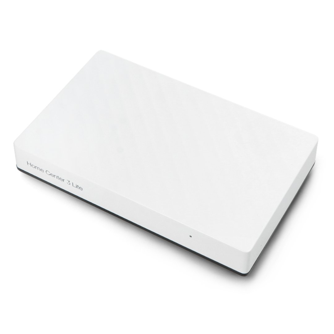 The white Fibaro Home Center 3 Lite switchboard is placed on a white background.