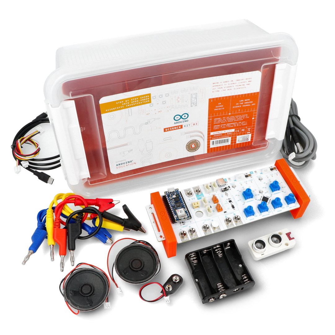 The Arduino Science Kit R3 lies with all the components and the box on a white background.