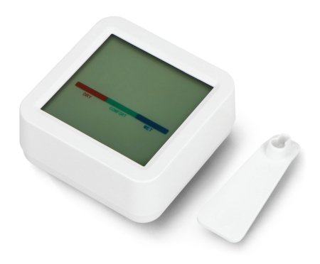 The intelligent temperature and humidity sensor lies with a support element on a white background.
