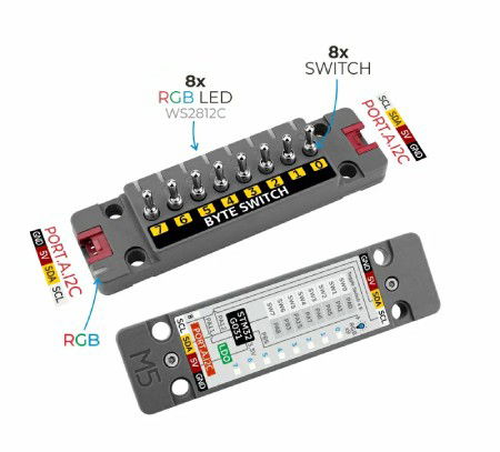 ByteSwitch - 8 switches + 9 WS2812C RGB diodes - STM32G031 - Unit expansion module - M5Stack U191