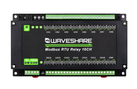 16-channel relay module with opto-isolation - 10 A / 250 V AC / 30 V DC contacts - 5 V coil - Modbus RS485 - Waveshare 17658
