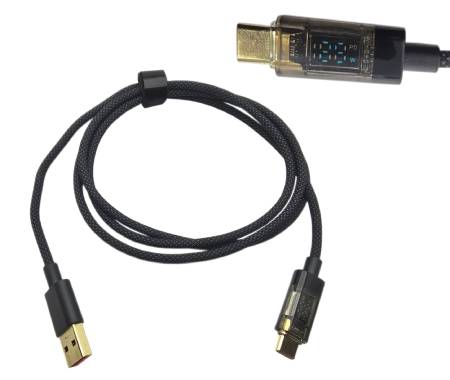 USB A - USB C cable with wattmeter - black braided - 2 m