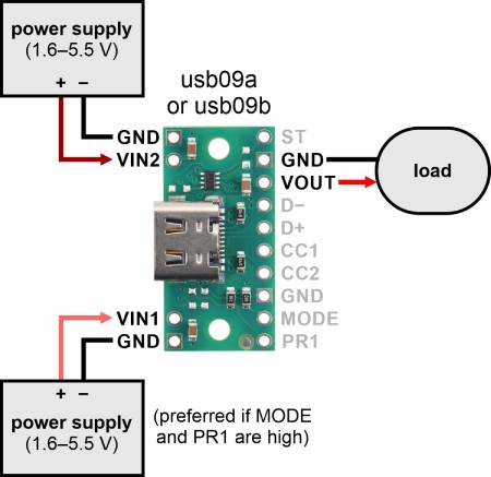USB Type-C Power Connector with TPS2116 Multiplexer - usb09b - Pololu 3729