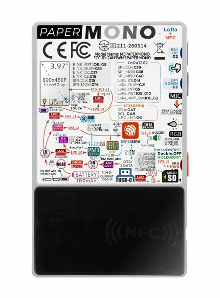 PaperMono - ESP32-S3 development module with 3.97'' e-paper screen, LoRa and NFC - M5Stack C153