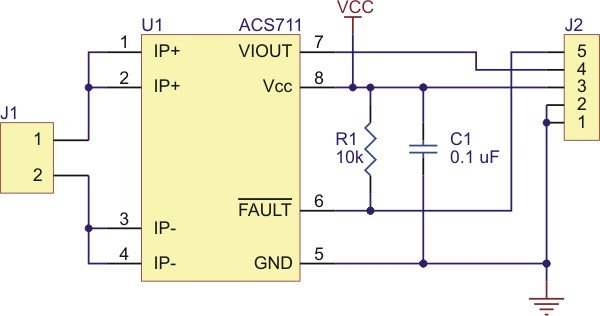 Schemat podłączenia czujnika prądu ACS711 firmy Allegro